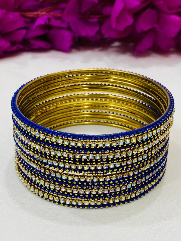 Bracelets with pearl beads for classic beauty -Graceful Blue Colored Metal Bangles With Stones For Women