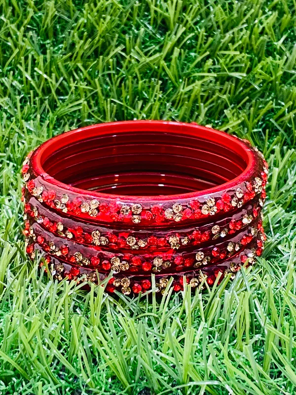 Bangles with gothic-inspired engravings for drama -Beautiful Red Color Stoned Design Glass Bangles For Women