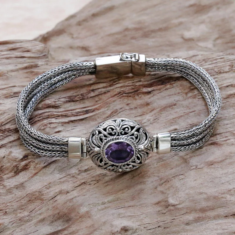 Bracelets with raw amethyst for rugged charm -Faith Protector Sterling Silver and Amethyst Pendant Bracelet from Indonesia