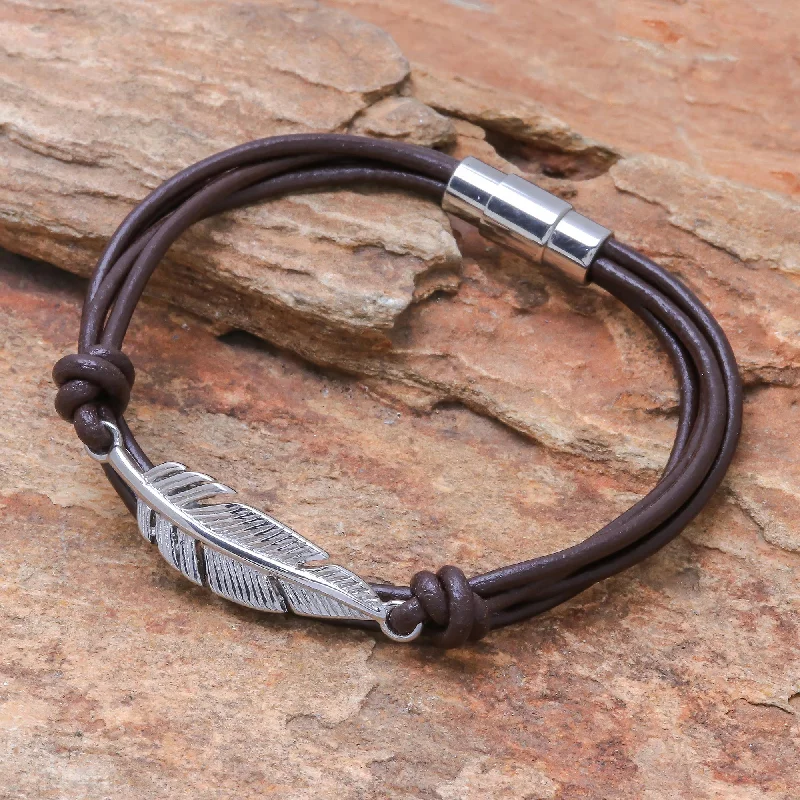 Thin bangles perfect for layering multiple styles -Stunning Feather in Brown Stainless Steel and Brown Leather Feather Pendant Bracelet