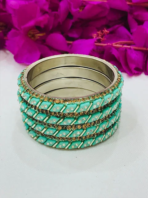 Bangles with rose-cut gems for vintage -Gorgeous Pista Green Colored Stone Work Metal Bangles For Girls