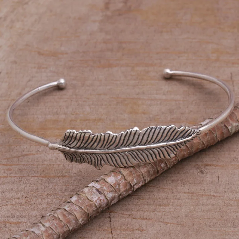 Bangles with blue quartz for cool tones -Alluring Feather 925 Sterling Silver Feather Cuff Bracelet from Bali