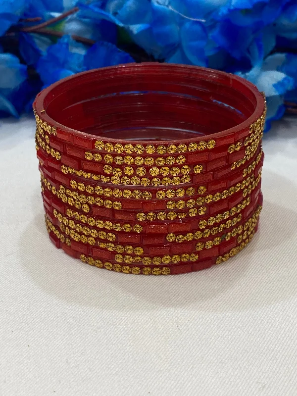 Bangles with labradorite stones for mystic flash -Stunning Red Color Stone Work Glass Bangles For Women