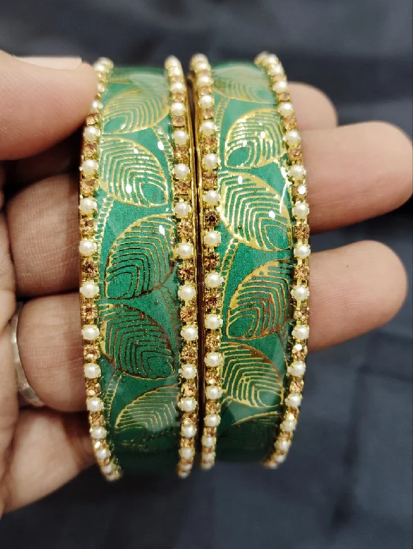 Vintage bangles with intricate filigree metalwork -Attractive Green Color Checked Design Glass Bangles For Women