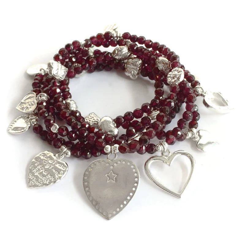 Bangles with aquamarine stones for sea hues -Hearts LOVE & HEALING Bracelet Garnet 6-Stack