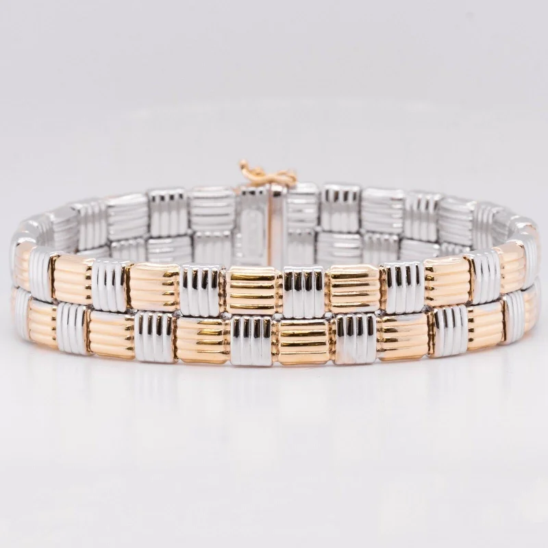 Bangles with topaz gems for icy blue -Superoro 14k White & Yellow Gold Checkered Link Bracelet 7.5" 12.00mm ITALY