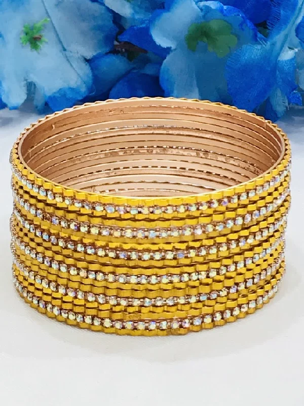 Bracelets with polished coral for vibrant shine -Beautiful Yellow Color Stone Design Party Wear Metal Bangles For Women