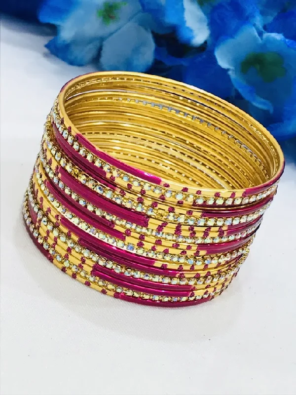 Bangles with claw-set tourmaline for vibrancy -Stunning Rani Pink Color Stone Worked Metal Bangles For Women