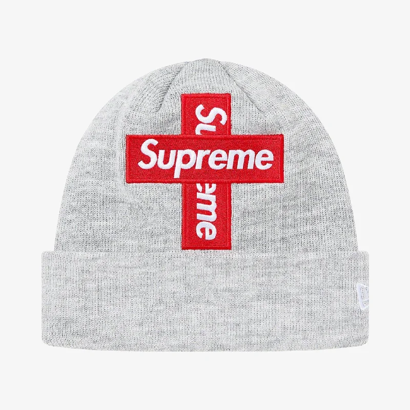 Designer baseball cap for luxury streetwear -Supreme x New Era Beanie 'Cross Box Logo' Heather Grey (FW20)