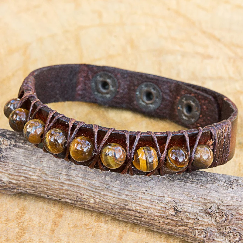 Bracelets with crescent moon for lunar appeal -Rock Walk Handmade Tiger's Eye and Leather Band Bracelet from Thailand