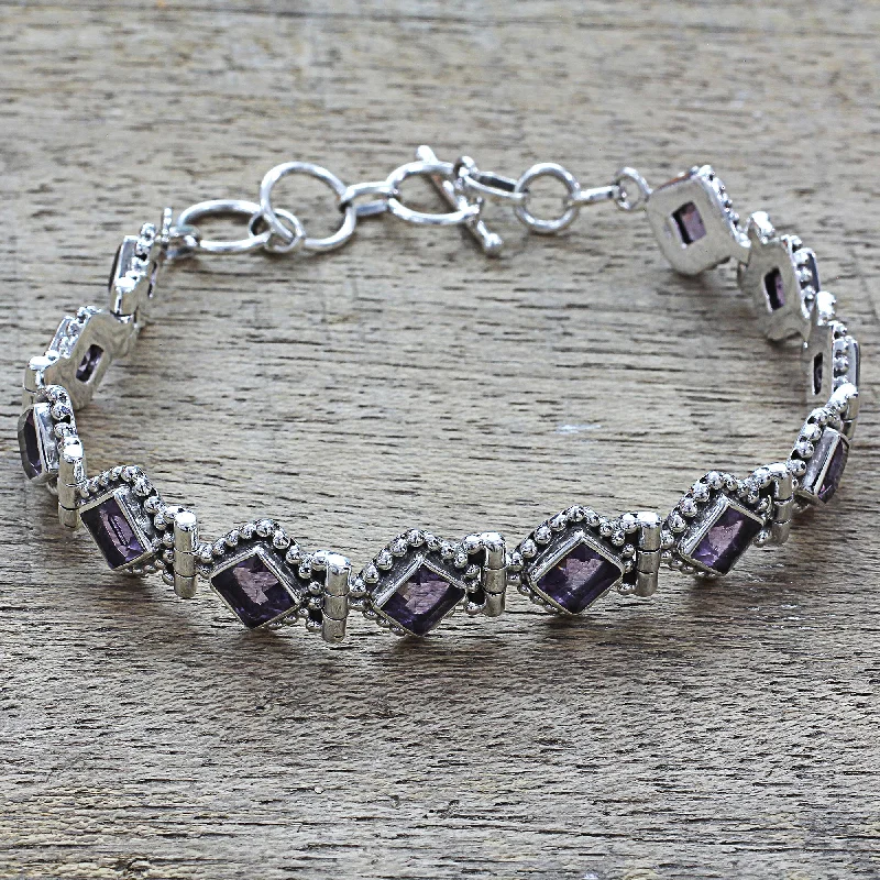 Bangles with faceted garnet for deep shine -Purple Voyage Amethyst Sterling Silver Tennis Style Bracelet from India