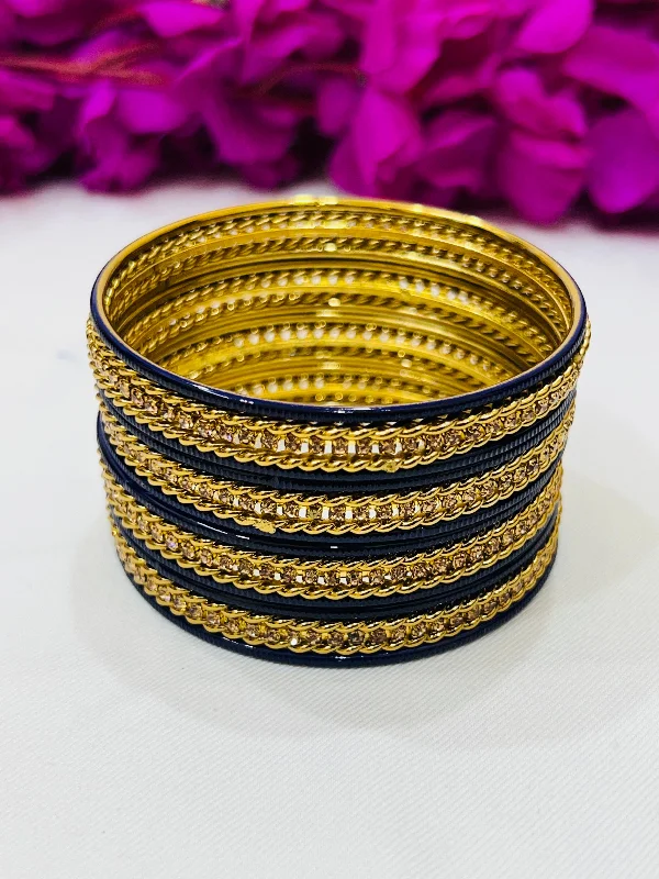 Bangles with rose-cut gems for vintage -Exquisite Navy Blue Color Metal Bangles With Golden Stone For Women