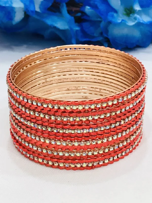 Gold bracelets with delicate diamond charm accents -Dazzling Red Color Stone Worked Party Wear Metal Bangles For Women