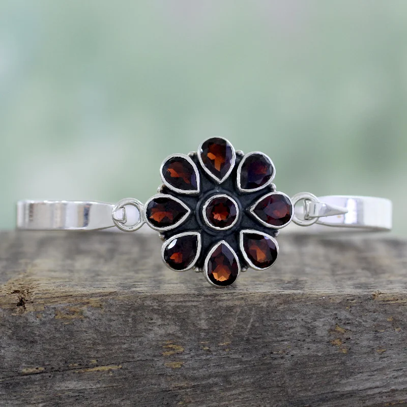 Bangles with natural amber for warm glow -Garnet Floral Handmade Garnet and Sterling Silver Floral Bangle Bracelet