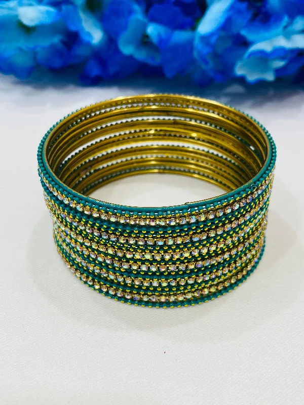 Bangles with sleek opal for iridescent charm -Lovely Green Color Metal Bangles With Sparkling Stones For Women