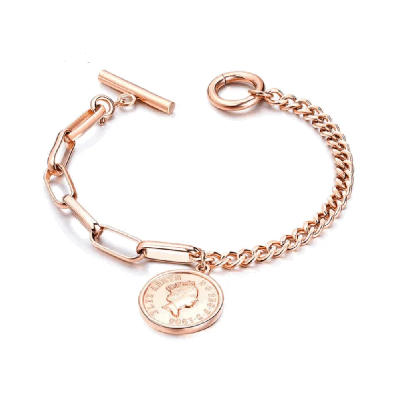 Bangles with chunky designs for statement wear -Link Bracelet with Coin Charm and Toggle Clasp