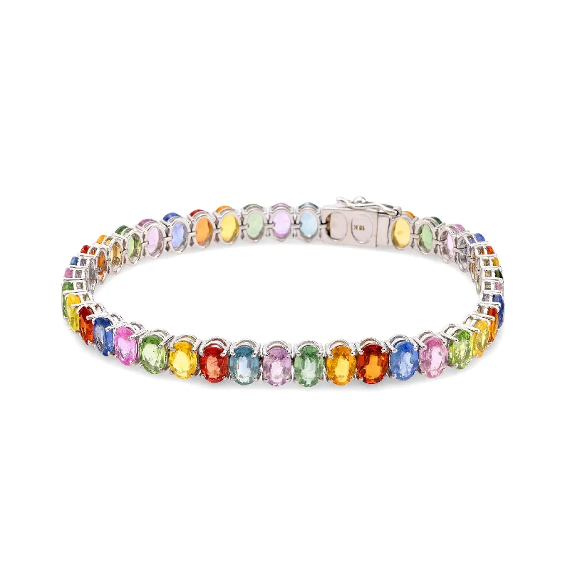 Bangles with personalized initial charm engravings -Vintage French 25 carat multicolor sapphire 18k white gold tennis bracelet