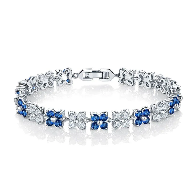 Bracelets with vintage claw-set gemstones -Flower Cubic Zirconia Tennis Bracelet with Round Cut Sapphire Cubic Zirconia