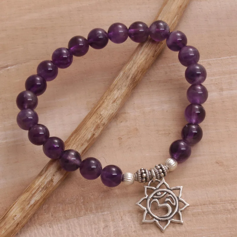 Bracelets with hematite for sleek metallic sheen -Petaled Om Amethyst Floral Beaded Stretch Bracelet from Bali