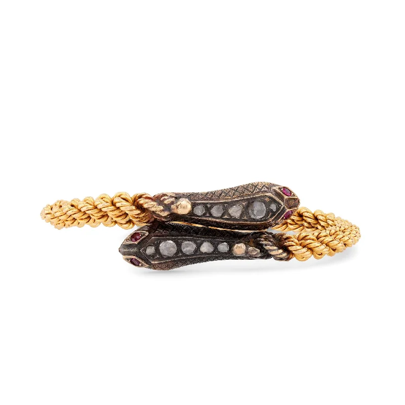 Bangles with natural amber for warm glow -Antique Inspired Diamond Ruby 18K Yellow Gold Silver Snake Bangle