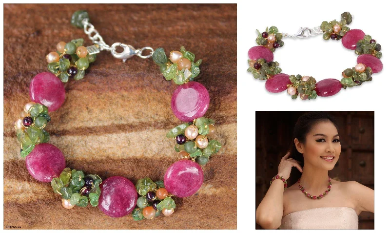 Bangles with gothic-inspired engravings for drama -Peony Romance Gemstone & Pearl Beaded Bracelet