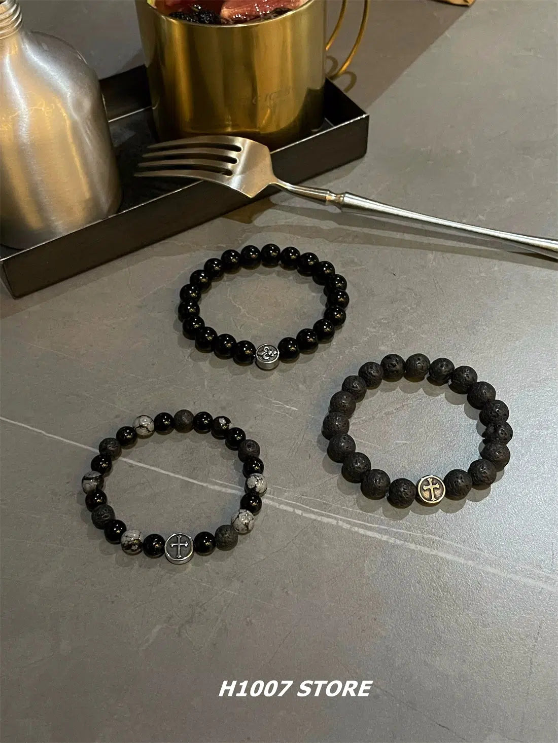 Bracelets with hematite for sleek metallic sheen -Titanium Steel Cross Beaded Bracelet