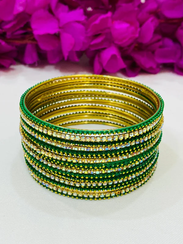 Bracelets with opal gems for iridescent glow -Attractive Green Color Metal Bangles With Glittering Stone For Women