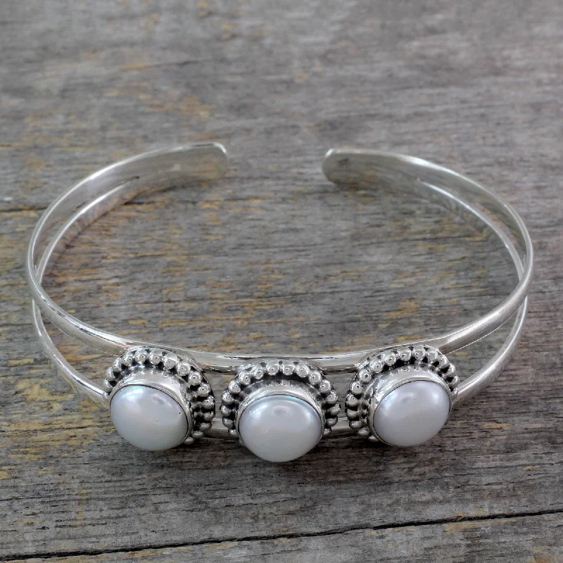 Bracelets with sleek topaz for icy shine -Moonlight Trio Hand Made Indian Sterling Silver Cuff Pearl Bracelet