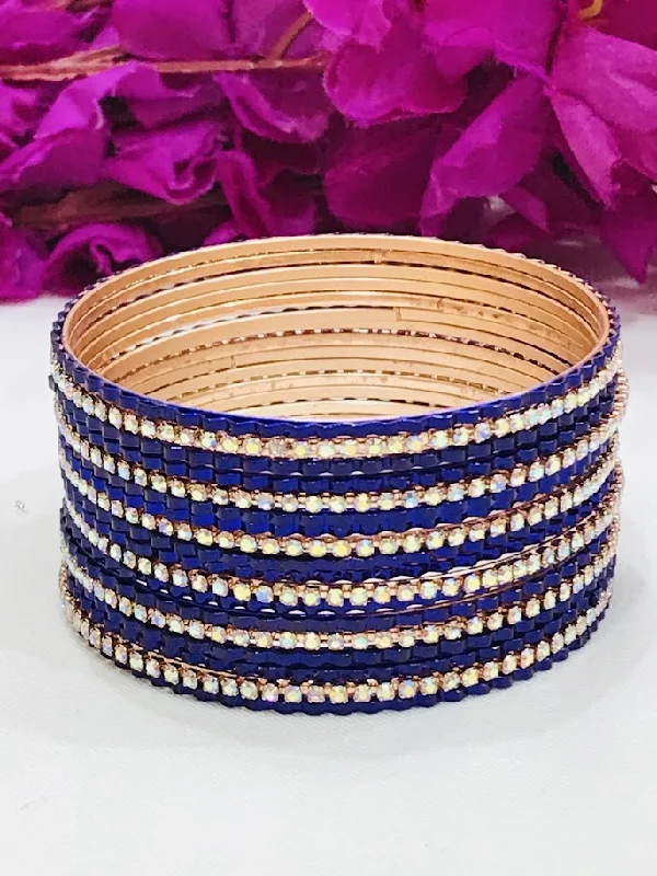 Bangles with sleek opal for iridescent charm -Attractive Blue Color Stone Work Party Wear Metal Bangles For Women