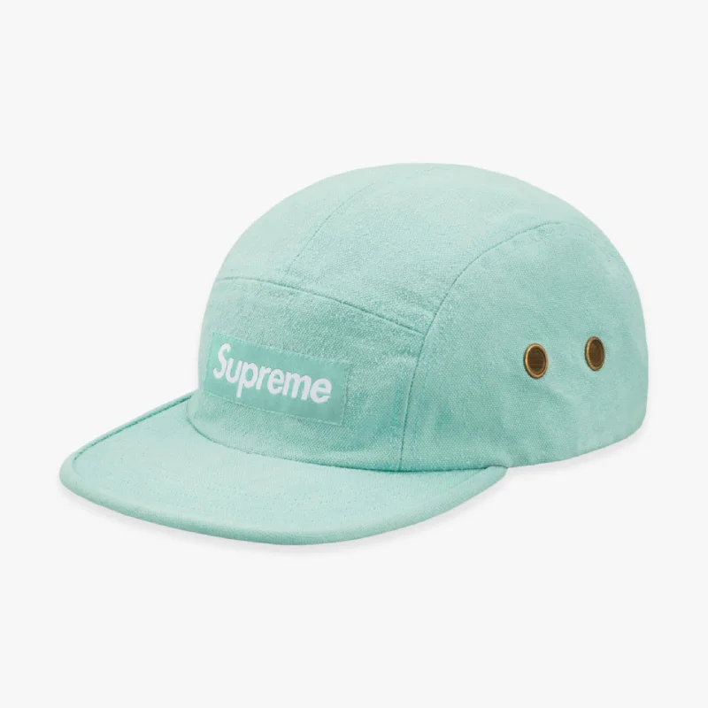 Sports team cap with bold logo front -Supreme Napped Canvas Camp Cap Dusty Teal (FW18)