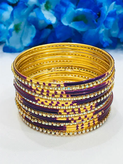 Bangles with raw sapphire for rugged chic -Delightful Purple Color Metal Bangles With Stone Work For Women