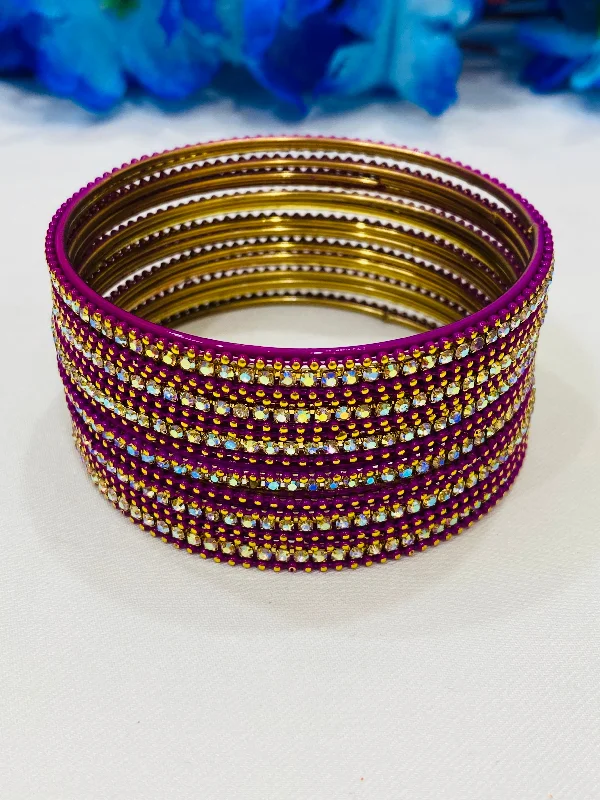 Bracelets with spiral ruby for striking twist -Appealing Purple Color Metal Bangles With Glistening Stones For Women