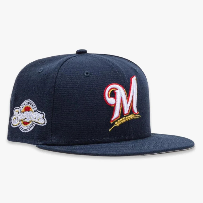 Premium snapback cap with flat bill design -New Era x MLB Beer Pack 'Milwaukee Brewers Team Logo' 59Fifty Patch Fitted Hat (Hat Club Exclusive)'