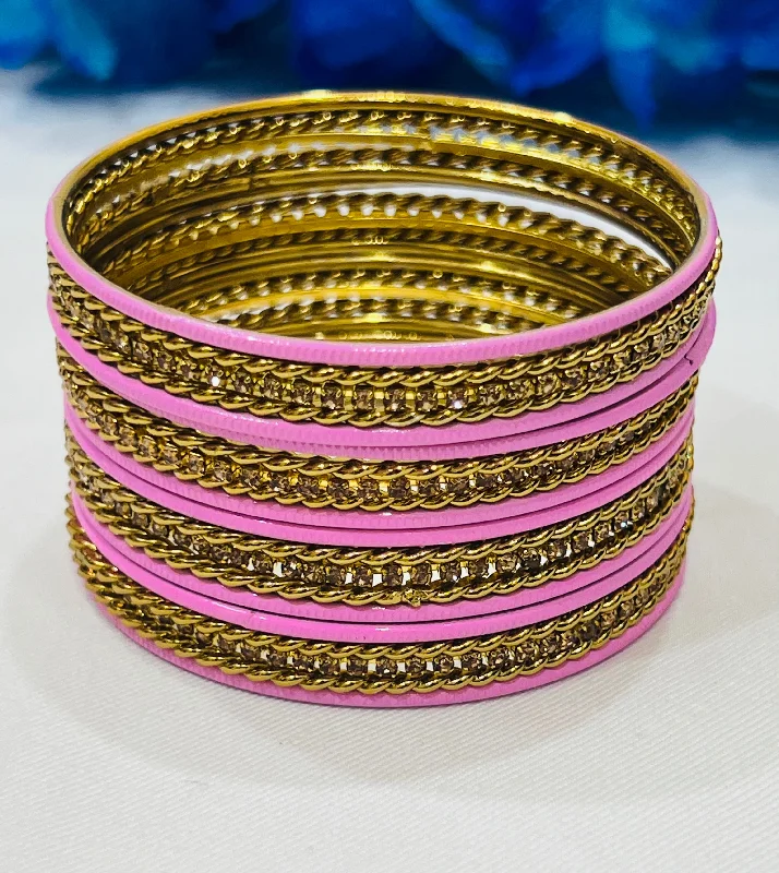 Bracelets with woven leather for rustic style -Gorgeous Pink Color Metal Bangles With Stones For Women