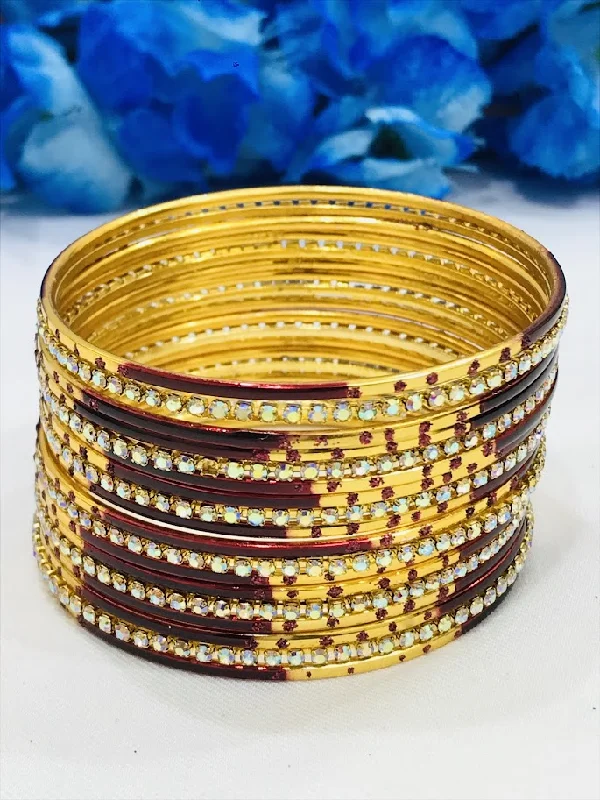 Bangles with herkimer diamonds for raw clarity -Charming Maroon Color Stone Worked Metal Bangles For Women