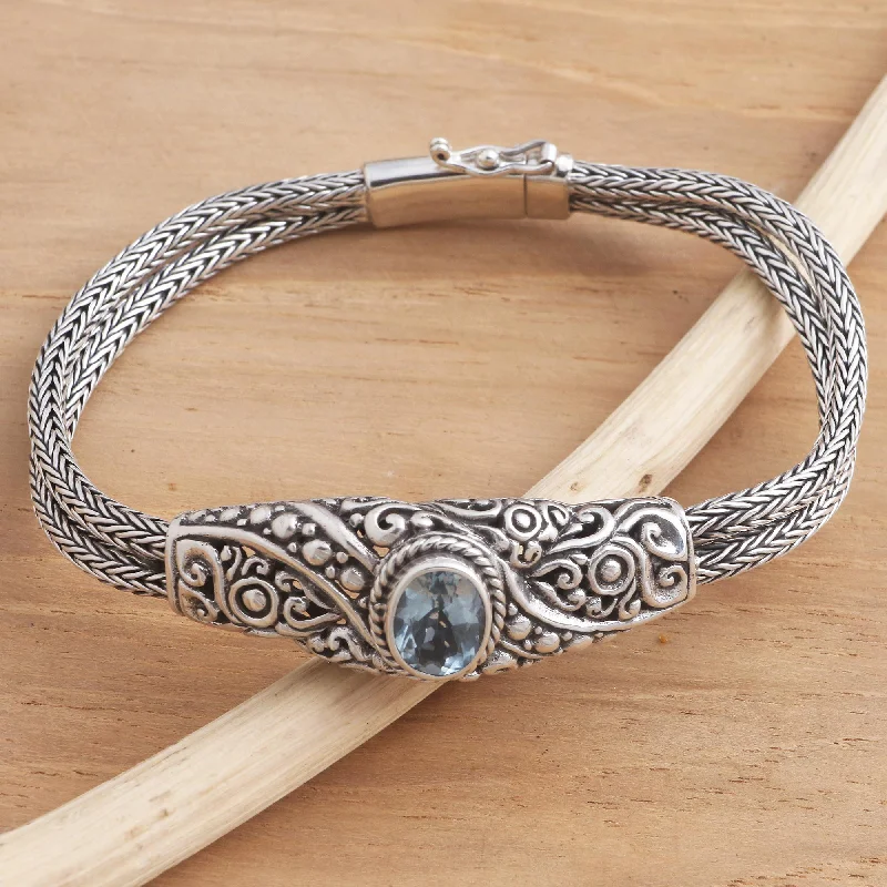 Bangles with labradorite stones for mystic flash -Double Naga Balinese Blue Topaz Bracelet with Sterling Silver Naga Chain