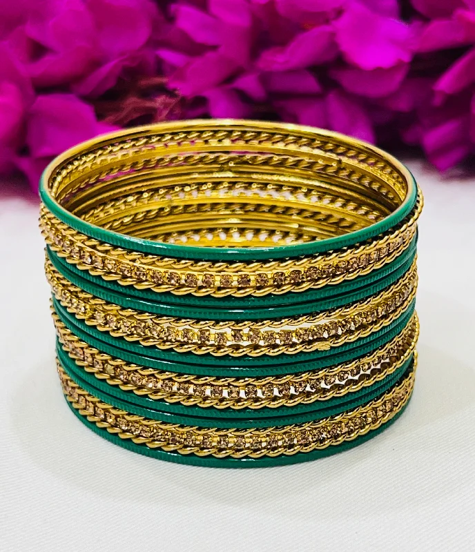 Bangles with twisted metal bands for flair -Charming Light Green Color Metal Bangles With Glitter Stones For Women