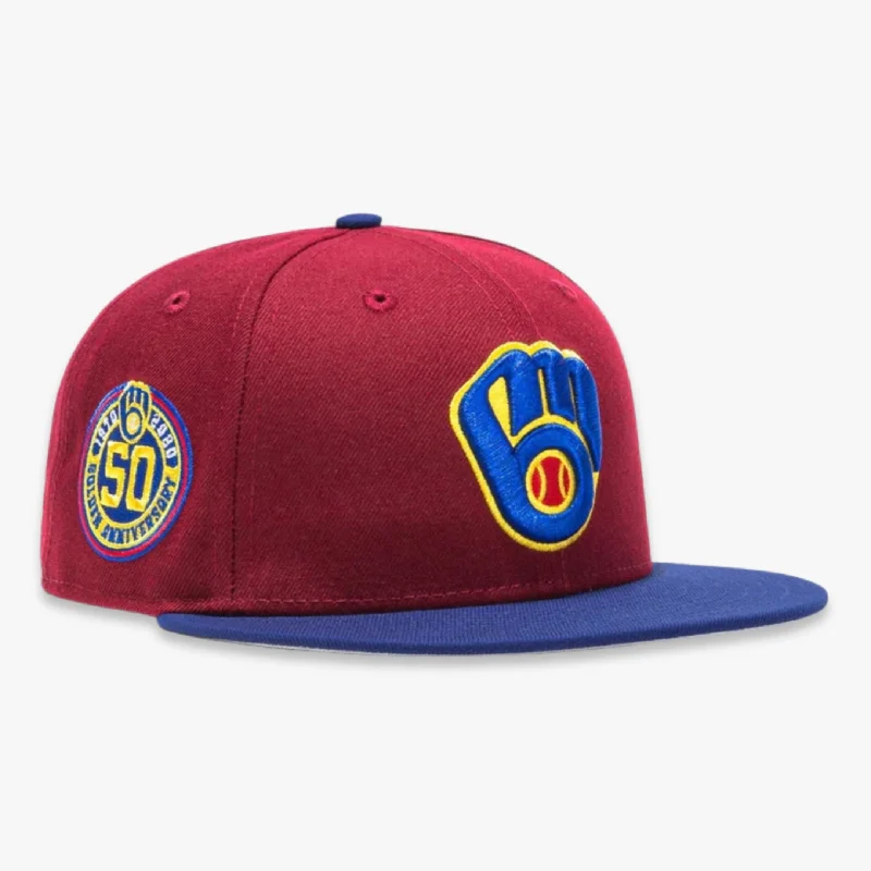 Classic cap with subtle tonal embroidery -New Era x MLB Sangria 'Milwaukee Brewers 50th Anniversary' 59Fifty Patch Fitted Hat (Hat Club Exclusive)