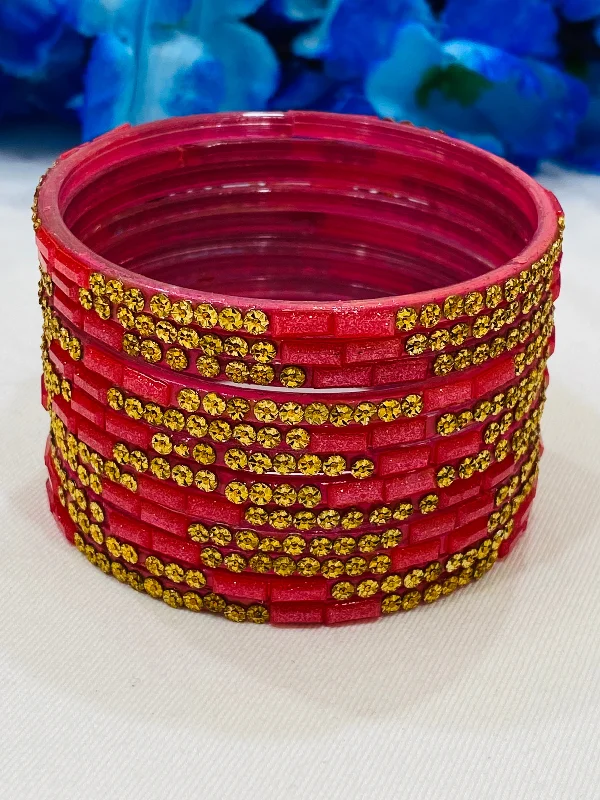 Bangles with interlocking links for uniqueness -Charming Pink Color Stone Design Glass Bangles For Women