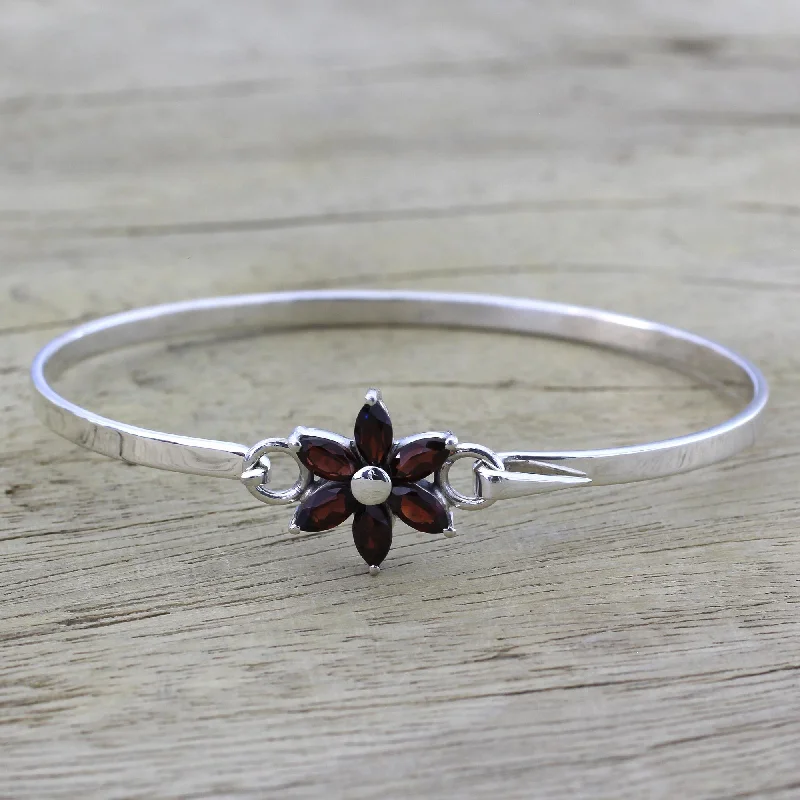 Bracelets with woven leather for rustic style -Marquise Flower Garnet and Sterling Silver Floral Bracelet from India