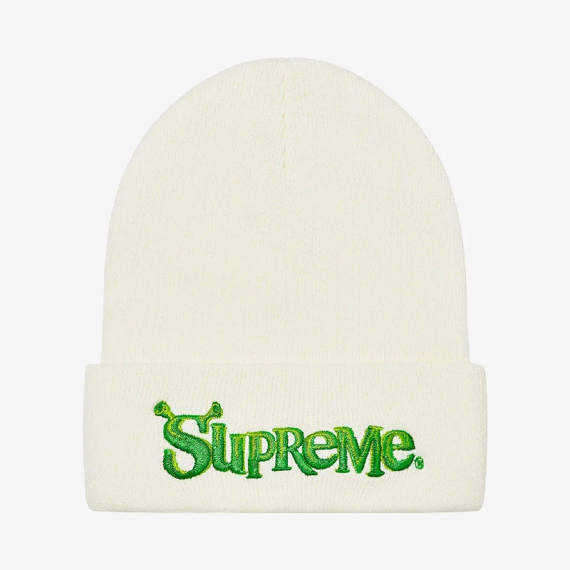 Minimalist cap with small stitched emblem -Supreme Beanie 'Shrek' White (FW21)