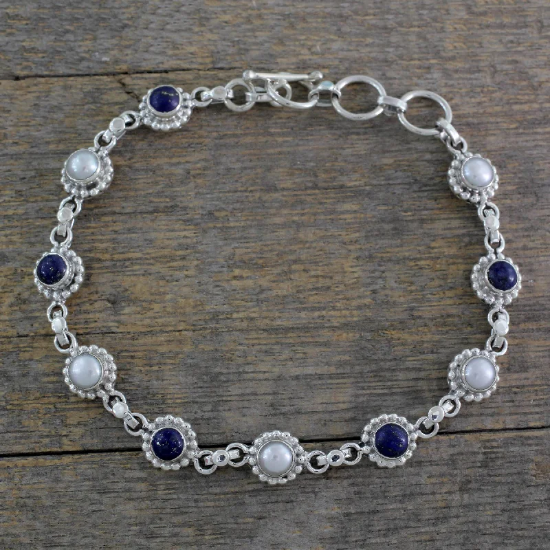 Bracelets with engraved constellations for stargazers -Petite Flowers Cultured Pearl Floral Bracelet in Silver with Lapis Lazuli