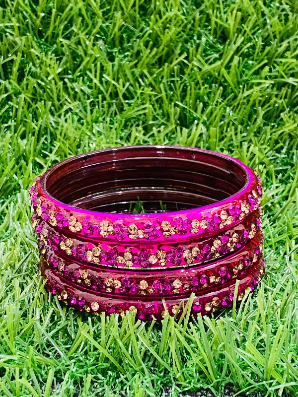 Bracelets with sleek topaz for icy shine -Elegant Rani Pink Color Stoned Design Glass Bangles For Women