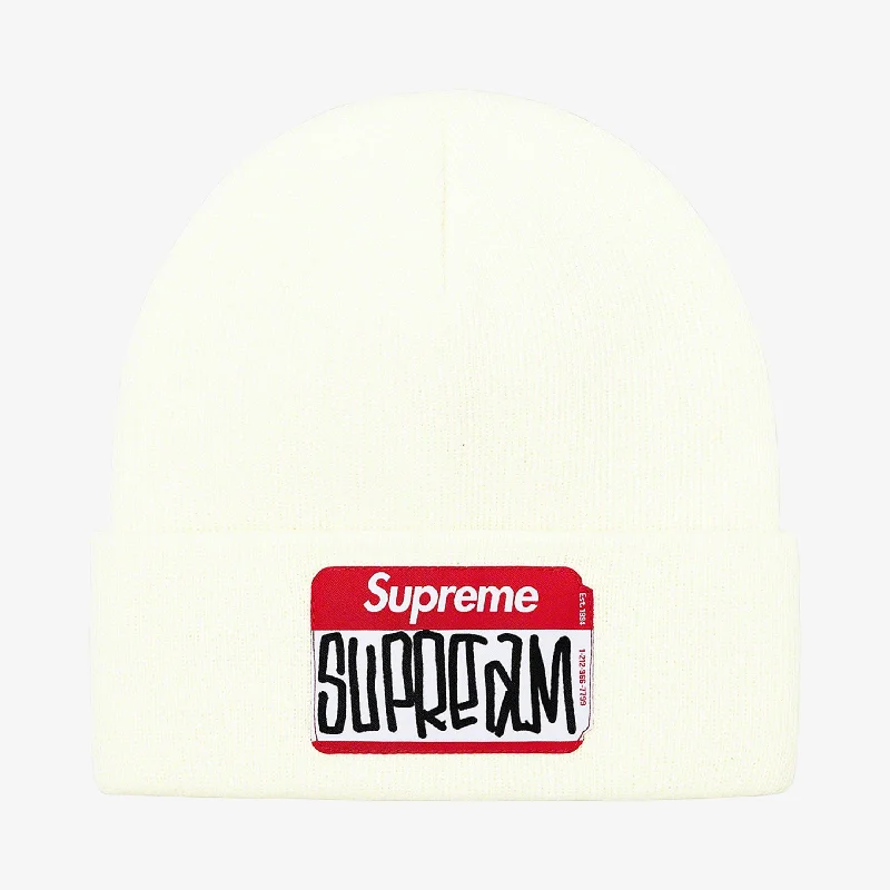 Bright neon cap for bold visibility needs -Supreme Beanie 'Gonz Nametag' Natural (FW21)