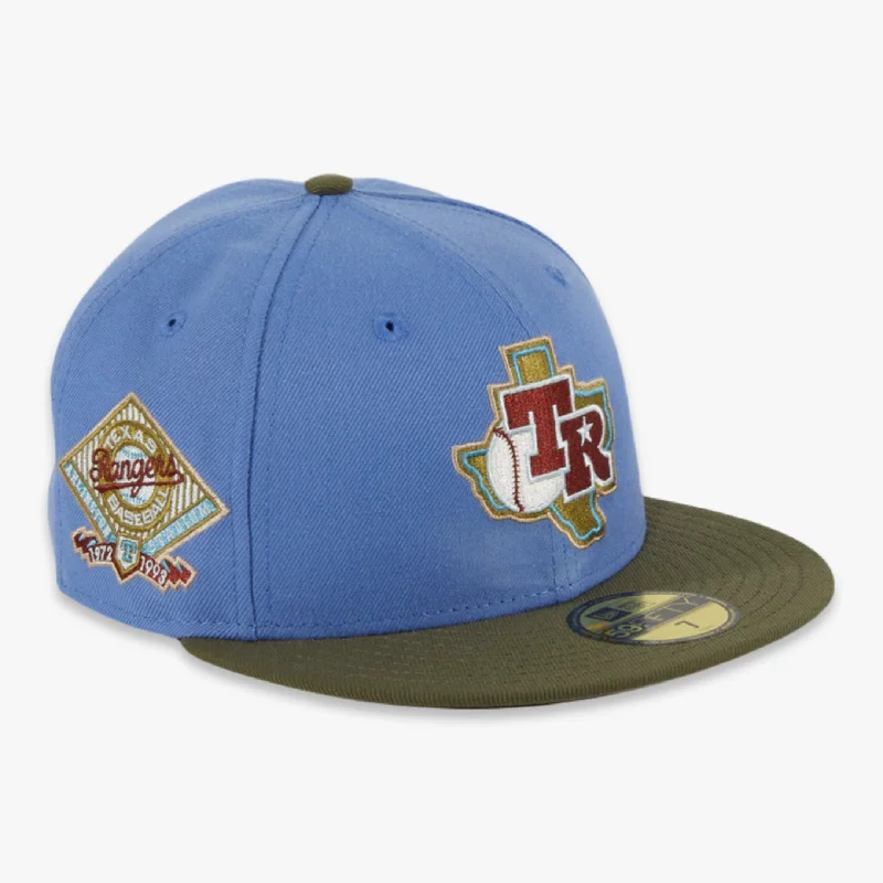 Washed denim cap for broken-in softness -New Era x MLB Great Outdoors 'Texas Rangers Arlington Stadium' 59Fifty Patch Fitted Hat (Hat Club Exclusive)