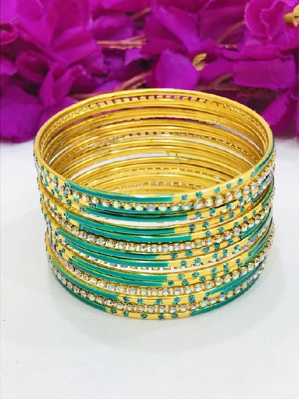 Bracelets with pave ruby for dazzling sparkle -Elegant Teal Green Color Gold Plated Metal Bangles For Women