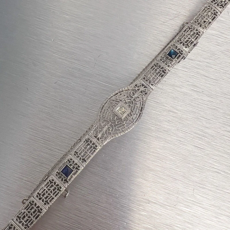 Bracelets with engraved messages for sentiment -Antique Art Deco 14k White Gold Diamond Sapphire Filigree Bracelet 0.18ctw