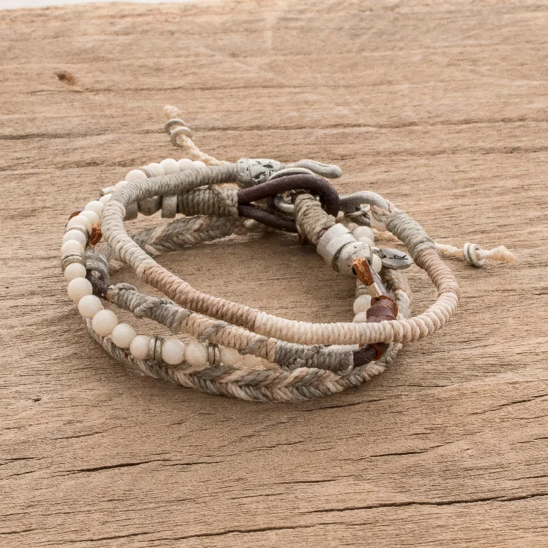 Bangles with hammered silver for rustic appeal -Maya Highlands Unisex Beige Macrame Bracelets (Set of 4)