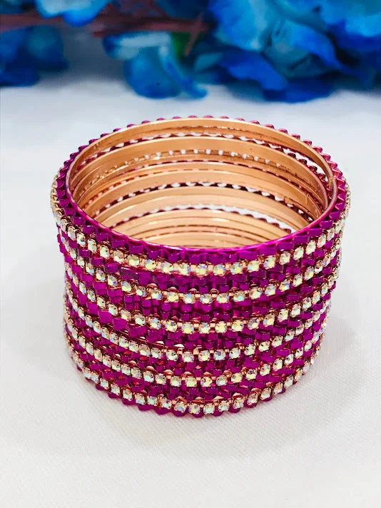 Bracelets with tourmaline gems for vibrant color -Dazzling Purple Color Party Wear Designer Bangles With White Stones