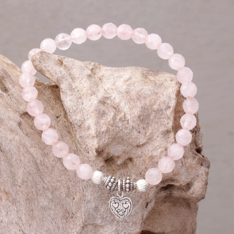 Bangles with hammered silver for rustic appeal -Sentimental Charm Rose Quartz 925 Silver Heart Charm Bracelet from Bali